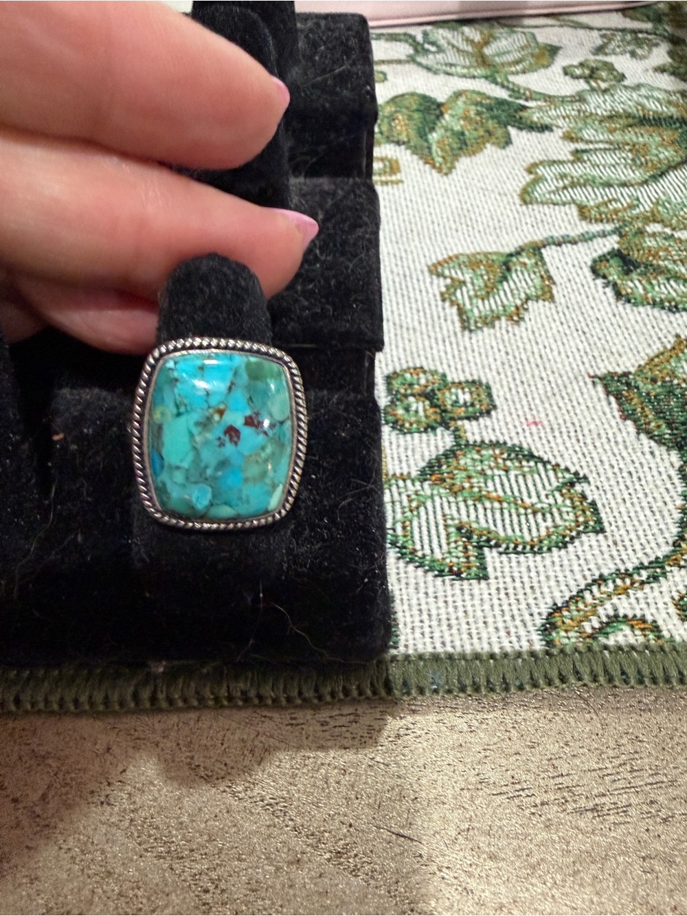 Turquoise Stone Silver-Trim Ring - Blue Green Gem